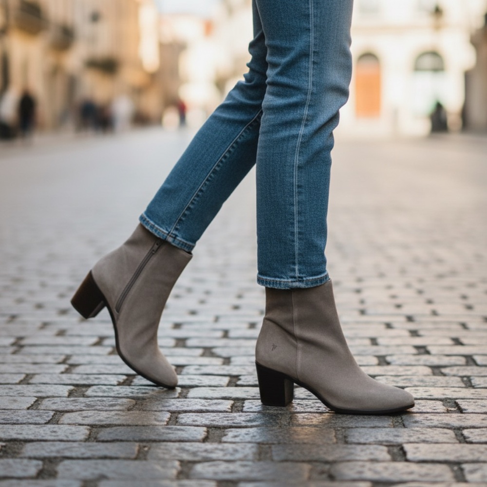 Frye Julia Taupe/Beige Genuine Suede Leather Block Chunky Heel Ankle Booties - Picture 12 of 12